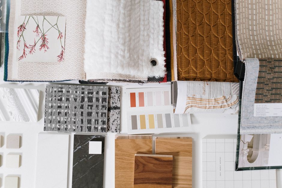 Assorted fabric and textile samples with color swatches for design inspiration.